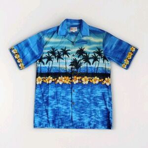 Hilo Hattie Shirt Mens M Blue‎ Floral Hawaiian Original Button Up Short Sleeve